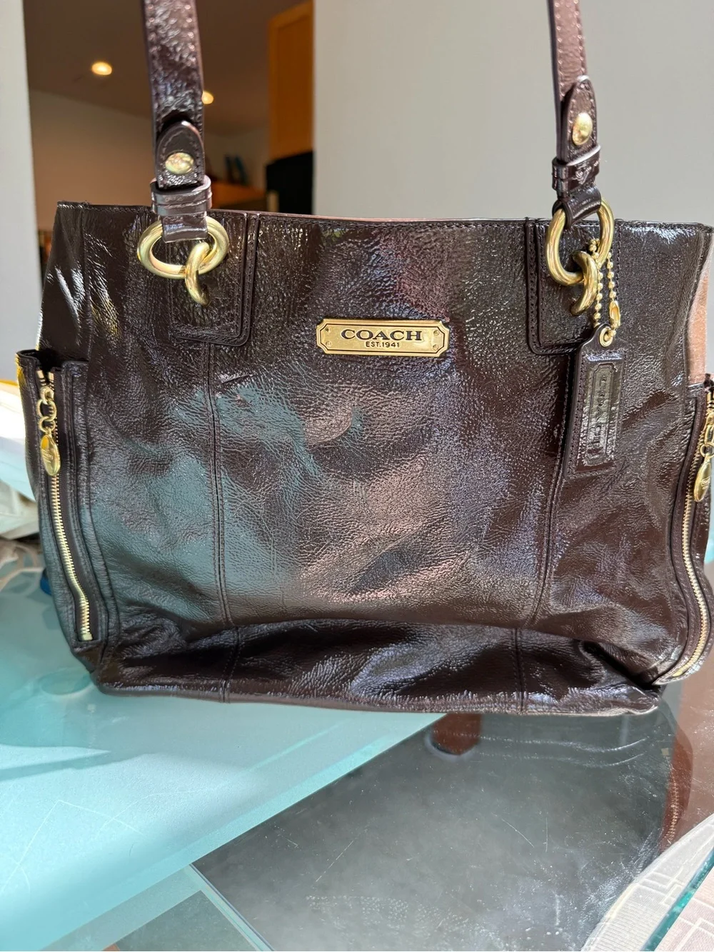 Coach Women's Patent Leather Tote - Dark Brown